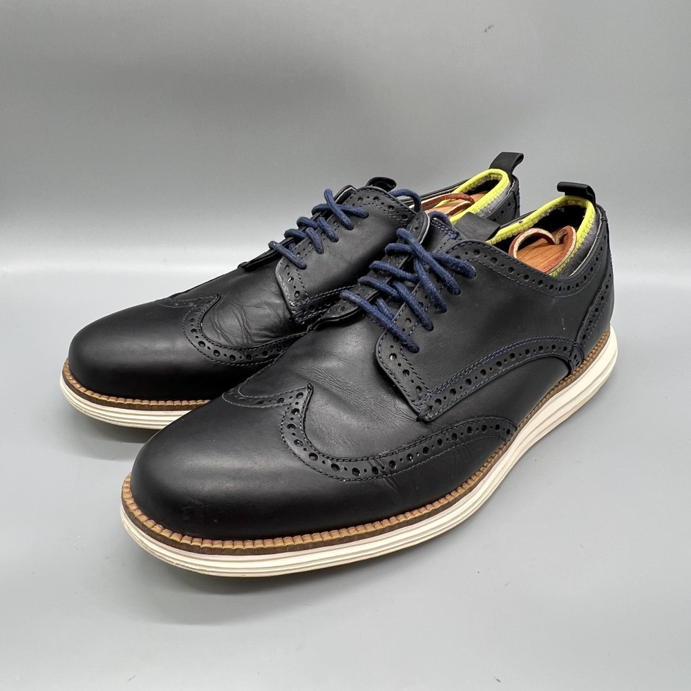 Cole Haan Shoes Mens 10.5 Navy Blue Leather Grand OS Wingtip Oxford Dress Brogue - Picture 3 of 11